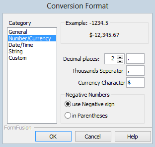 Number/Currency selection lets you specify decimal places, thousands separator, currency character, and choose whether negative numbers should be represented by a negative sign or by parentheses.